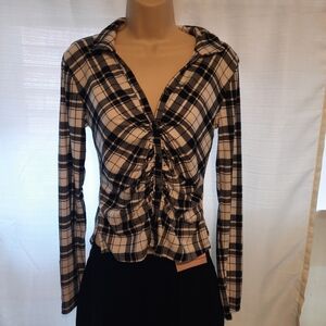 Black and White Ruched Long Sleeve Button Down Shirt